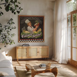 Chefs Specials III by Janelle Penner. Shown in a natural wood frame in a cozy modern living room. Available as an archival giclee rolled canvas, fine art paper, or poster print. SKU 29532a.