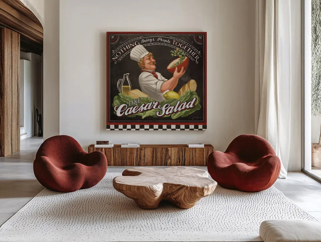 Chefs Specials III by Janelle Penner. Shown as extra-large giant wall art in a modern living room. Available as an archival giclee rolled canvas, fine art paper, or poster print. SKU 29532a.