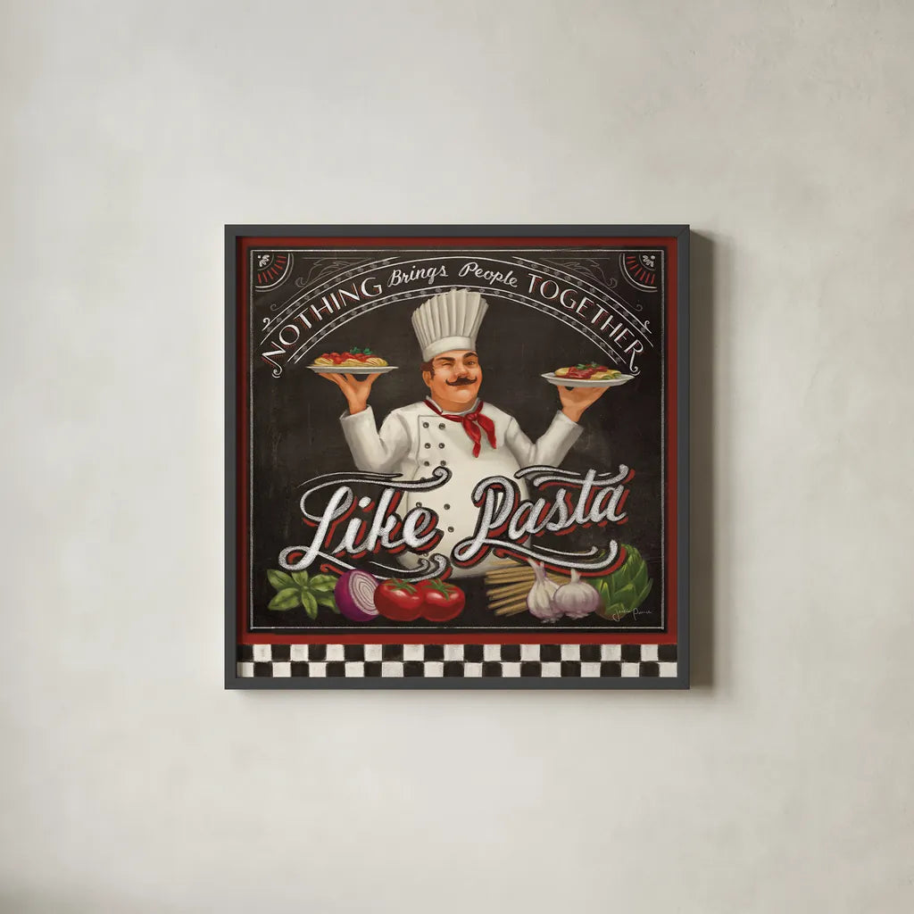 Chefs Specials V by Janelle Penner. Shown in a sleek black glass frame for a contemporary gallery look. Available as an archival giclee rolled canvas, fine art paper, or poster print. SKU 29528a.