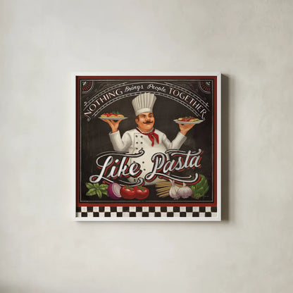 Chefs Specials V by Janelle Penner. Shown in a crisp white glass frame for a clean and minimalist style. Available as an archival giclee rolled canvas, fine art paper, or poster print. SKU 29528a.