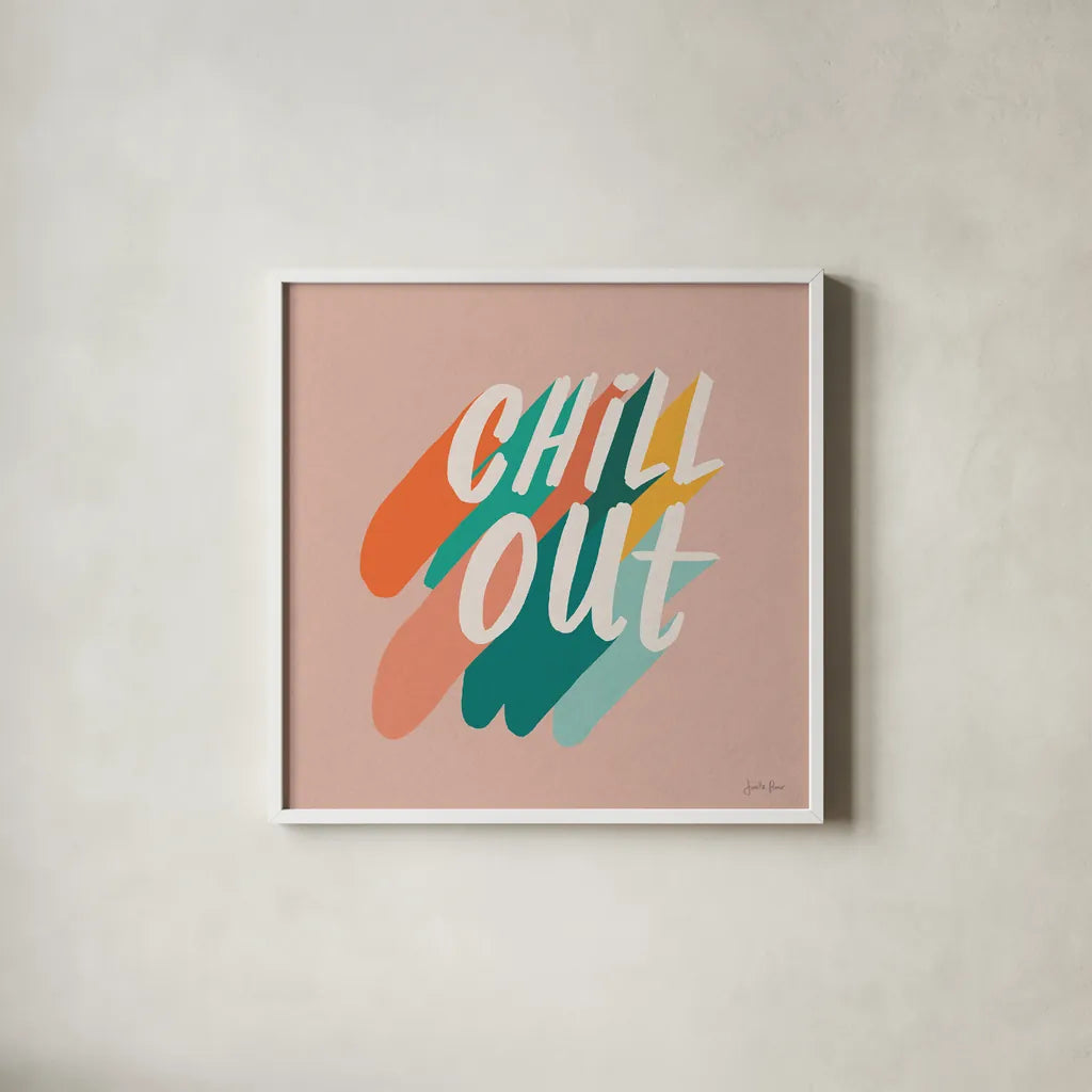 Chill Out I by Janelle Penner. Shown in a crisp white glass frame for a clean and minimalist style. Available as an archival giclee rolled canvas, fine art paper, or poster print. SKU 70282a.