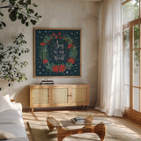Christmas Bloom II by Janelle Penner. Shown in a natural wood frame in a cozy modern living room. Available as an archival giclee rolled canvas, fine art paper, or poster print. SKU 38728a.