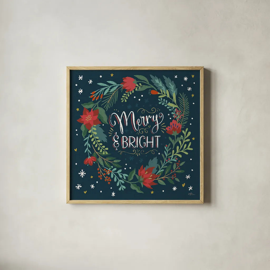 Christmas Bloom III by Janelle Penner. Shown in a natural wood glass frame for a timeless modern aesthetic. Available as an archival giclee rolled canvas, fine art paper, or poster print. SKU 38729a.