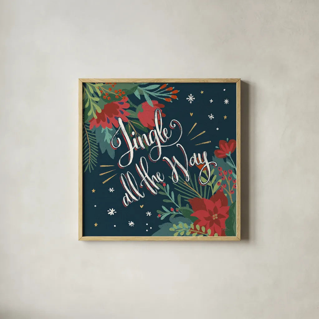 Christmas Bloom IV by Janelle Penner. Shown in a natural wood glass frame for a timeless modern aesthetic. Available as an archival giclee rolled canvas, fine art paper, or poster print. SKU 38730a.