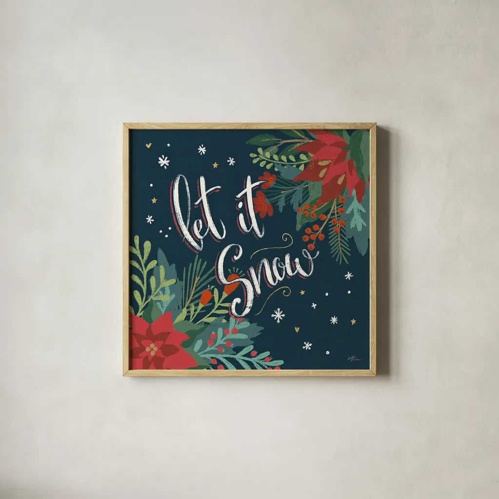 Christmas Bloom V by Janelle Penner. Shown in a natural wood glass frame for a timeless modern aesthetic. Available as an archival giclee rolled canvas, fine art paper, or poster print. SKU 38731a.