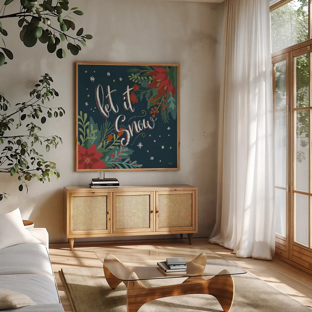 Christmas Bloom V by Janelle Penner. Shown in a natural wood frame in a cozy modern living room. Available as an archival giclee rolled canvas, fine art paper, or poster print. SKU 38731a.