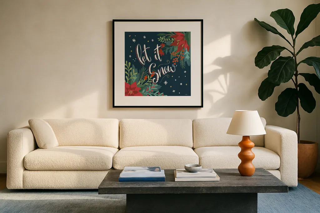 Christmas Bloom V by Janelle Penner. Displayed in a glass frame with matte in a clean modern living room. Available as an archival giclee rolled canvas, fine art paper, or poster print. SKU 38731a.