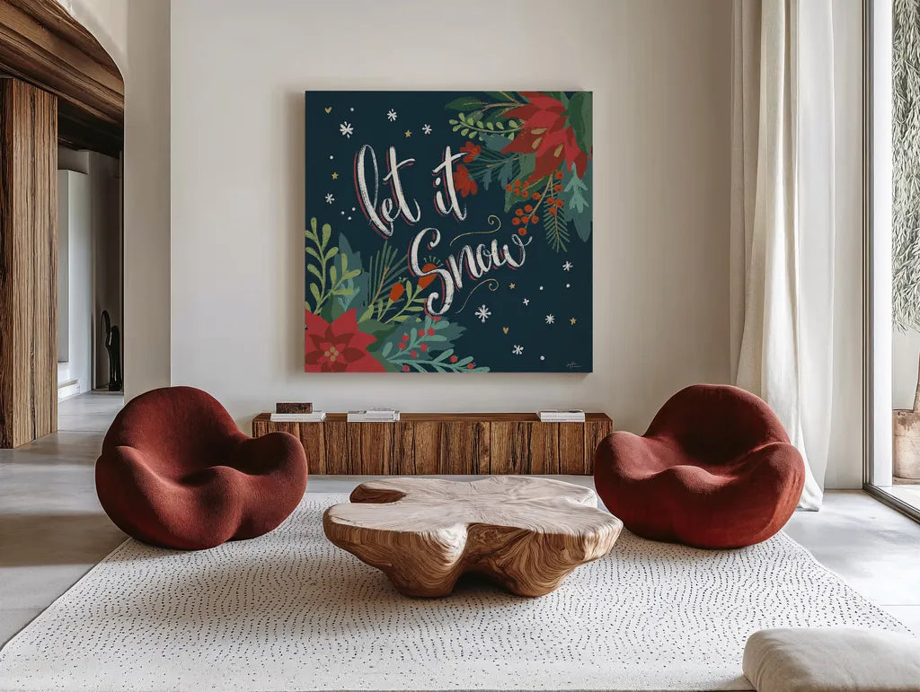 Christmas Bloom V by Janelle Penner. Shown as extra-large giant wall art in a modern living room. Available as an archival giclee rolled canvas, fine art paper, or poster print. SKU 38731a.