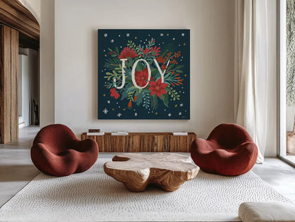 Christmas Bloom VI by Janelle Penner. Shown as extra-large giant wall art in a modern living room. Available as an archival giclee rolled canvas, fine art paper, or poster print. SKU 38732a.