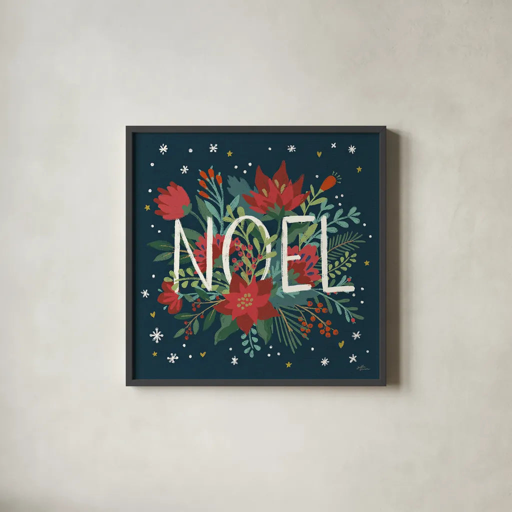 Christmas Bloom VII by Janelle Penner. Shown in a sleek black glass frame for a contemporary gallery look. Available as an archival giclee rolled canvas, fine art paper, or poster print. SKU 38733a.