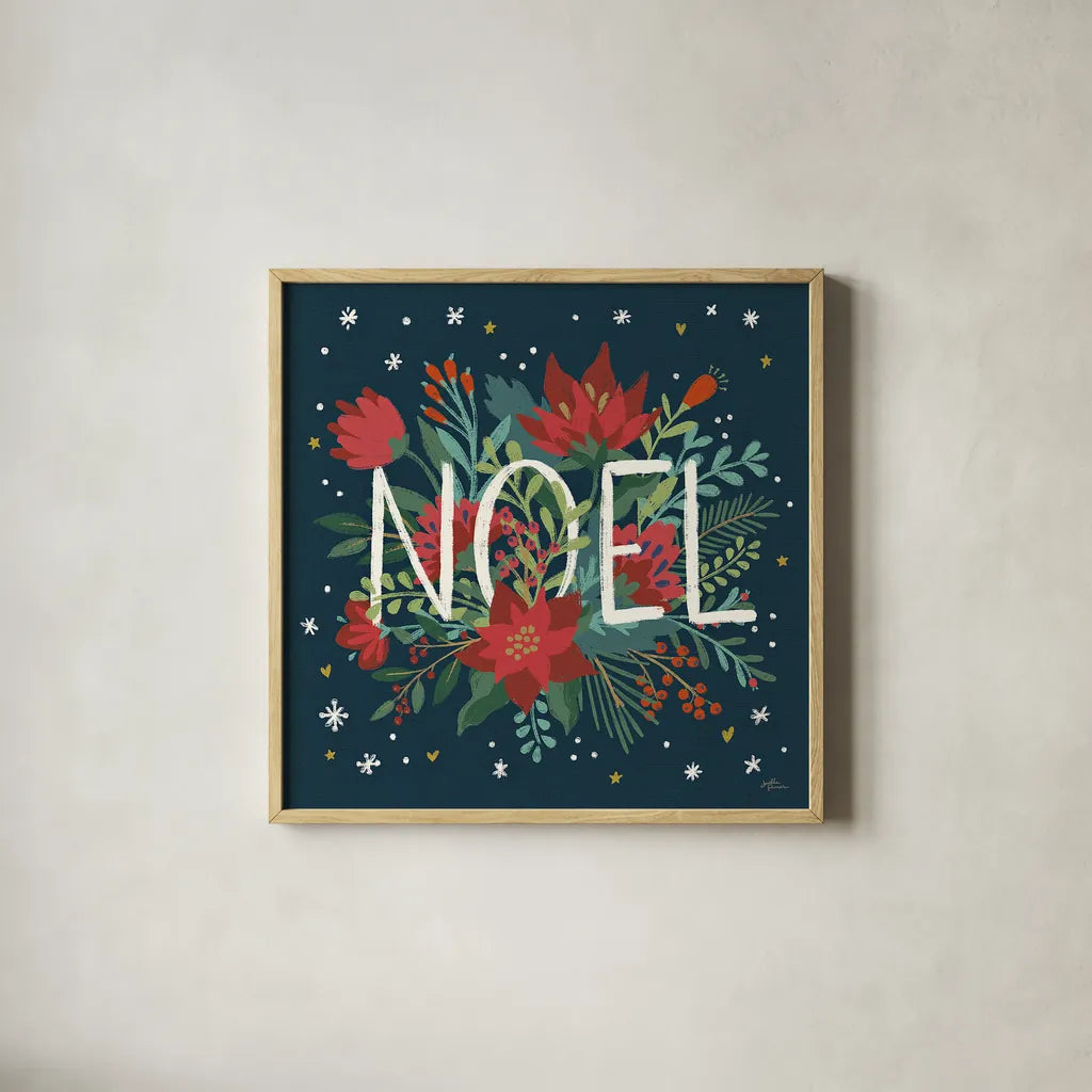Christmas Bloom VII by Janelle Penner. Shown in a natural wood glass frame for a timeless modern aesthetic. Available as an archival giclee rolled canvas, fine art paper, or poster print. SKU 38733a.