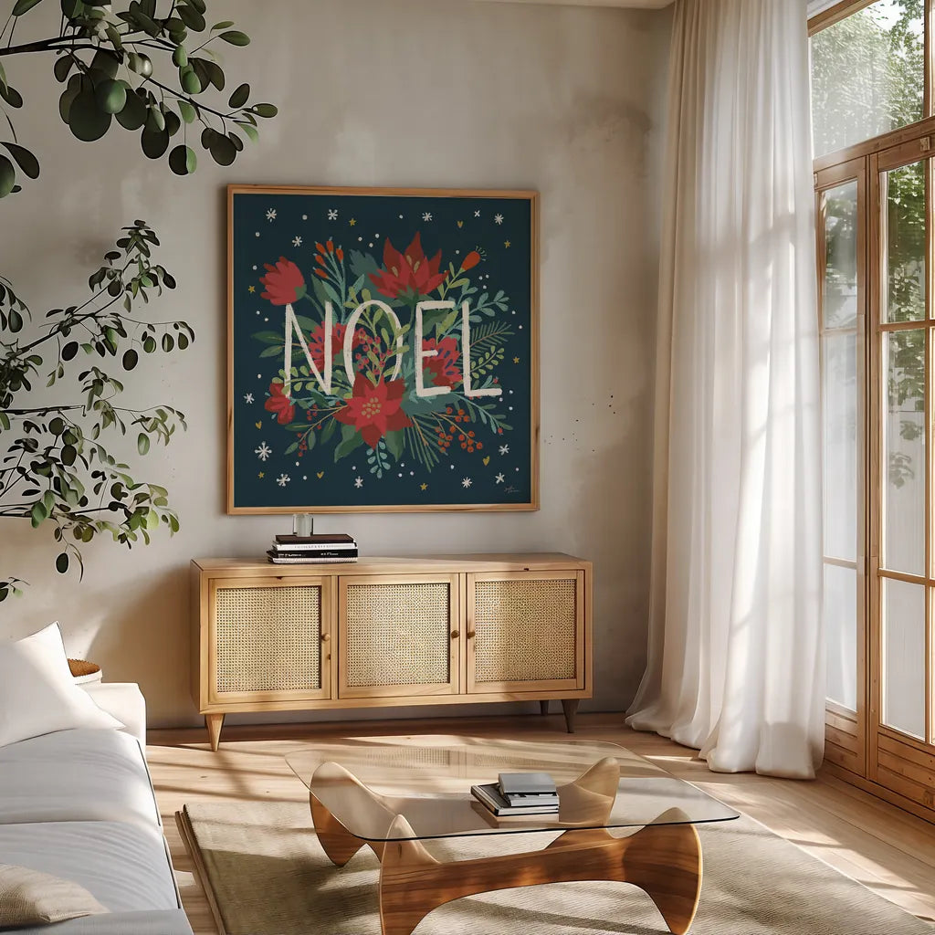 Christmas Bloom VII by Janelle Penner. Shown in a natural wood frame in a cozy modern living room. Available as an archival giclee rolled canvas, fine art paper, or poster print. SKU 38733a.