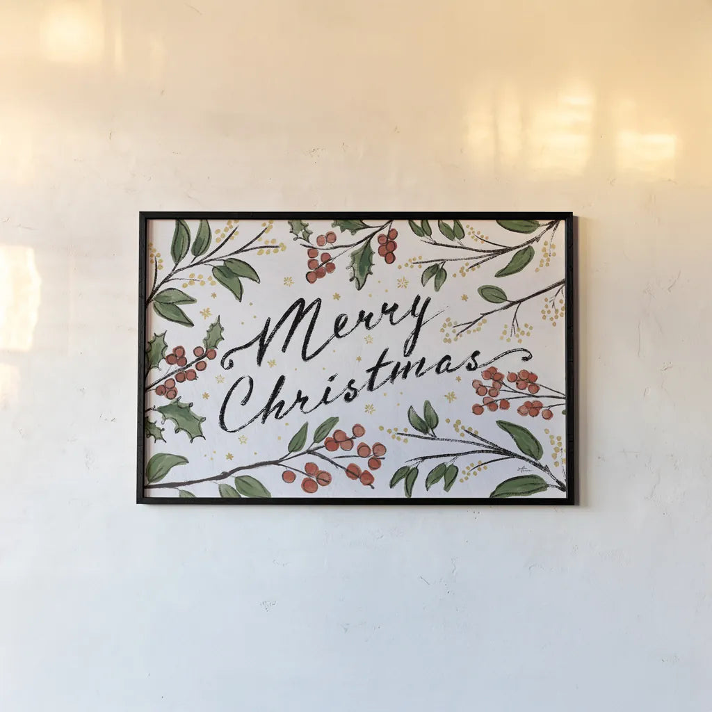 Christmas Lovebirds Greenery by Janelle Penner. shown as a paper print in a black flame. Available as a archival giclee rolled canvas, fine art paper, or poster print. SKU 59682i.