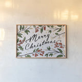 Christmas Lovebirds Greenery by Janelle Penner. shown as a paper print in a natural frame. Available as a archival giclee rolled canvas, fine art paper, or poster print. SKU 59682i.