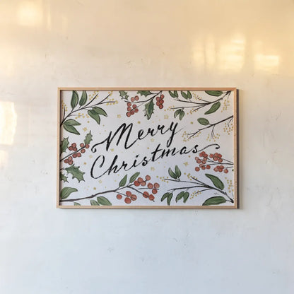 Christmas Lovebirds Greenery by Janelle Penner. shown as a paper print in a natural frame. Available as a archival giclee rolled canvas, fine art paper, or poster print. SKU 59682i.