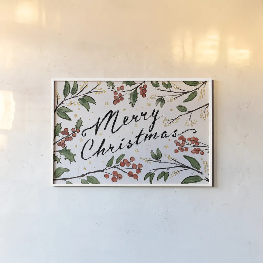 Christmas Lovebirds Greenery by Janelle Penner. shown as a paper print in a white frame. Available as a archival giclee rolled canvas, fine art paper, or poster print. SKU 59682i.