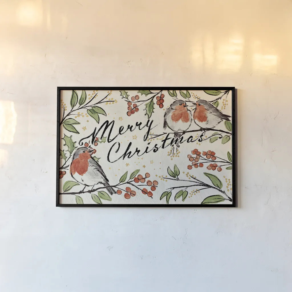 Christmas Lovebirds I by Janelle Penner. shown as a paper print in a black flame. Available as a archival giclee rolled canvas, fine art paper, or poster print. SKU 46747i.