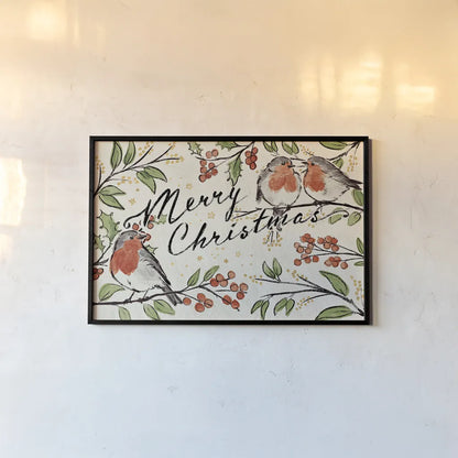 Christmas Lovebirds I by Janelle Penner. shown as a paper print in a black flame. Available as a archival giclee rolled canvas, fine art paper, or poster print. SKU 46747i.