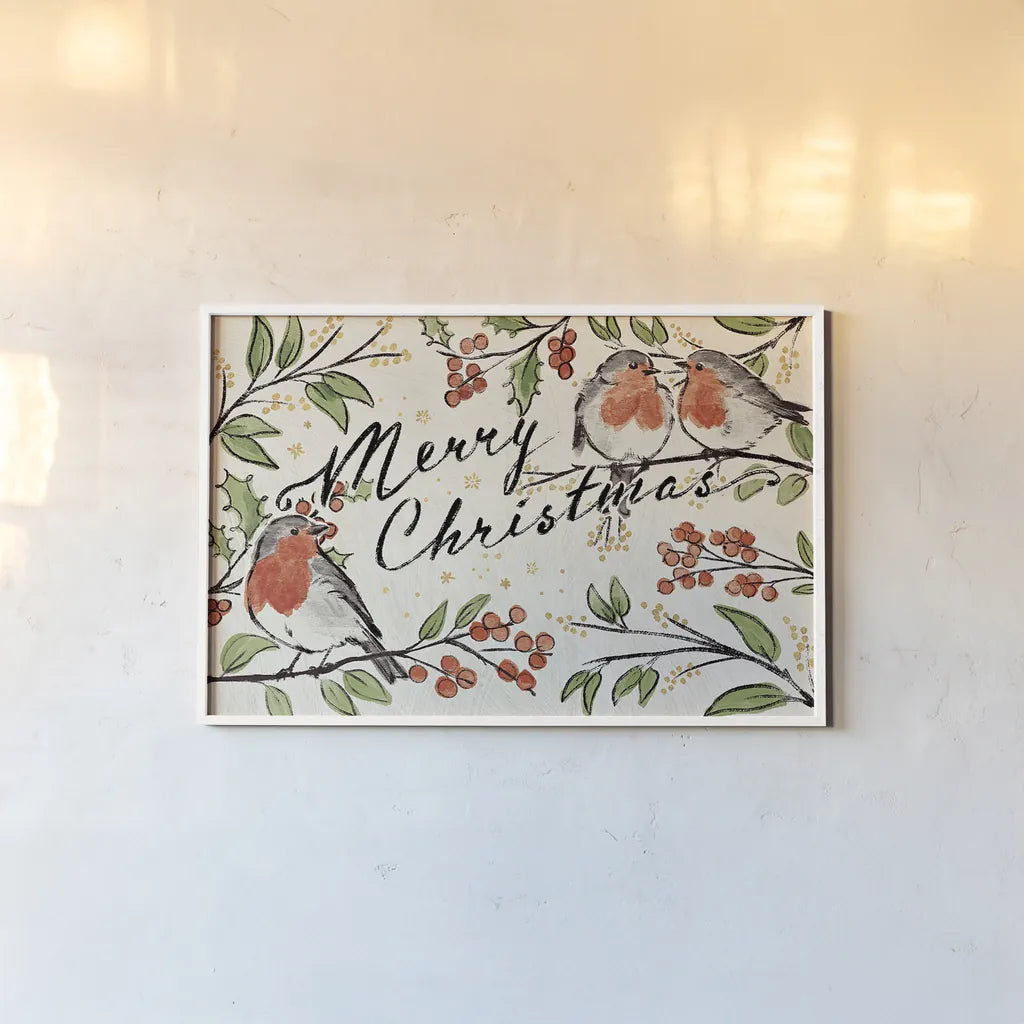 Christmas Lovebirds I by Janelle Penner. shown as a paper print in a white frame. Available as a archival giclee rolled canvas, fine art paper, or poster print. SKU 46747i.