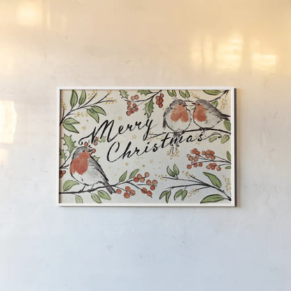Christmas Lovebirds I by Janelle Penner. shown as a paper print in a white frame. Available as a archival giclee rolled canvas, fine art paper, or poster print. SKU 46747i.