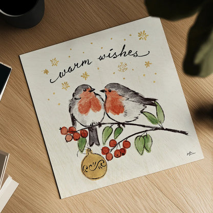 Christmas Lovebirds II by Janelle Penner. Shown as a detailed flat fine art print, highlighting archival giclee quality. Available as an archival giclee rolled canvas, fine art paper, or poster print. SKU 46748a.