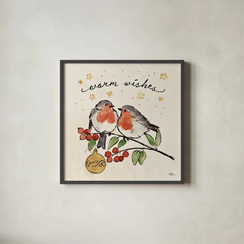 Christmas Lovebirds II by Janelle Penner. Shown in a sleek black glass frame for a contemporary gallery look. Available as an archival giclee rolled canvas, fine art paper, or poster print. SKU 46748a.
