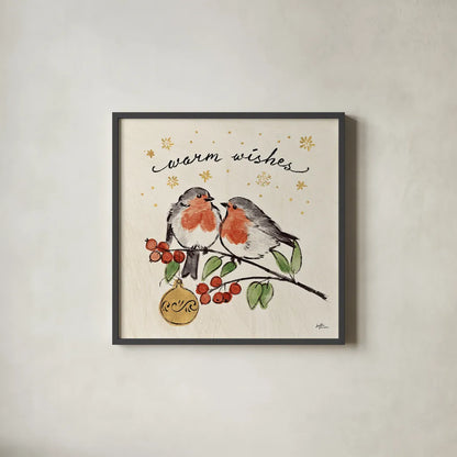 Christmas Lovebirds II by Janelle Penner. Shown in a sleek black glass frame for a contemporary gallery look. Available as an archival giclee rolled canvas, fine art paper, or poster print. SKU 46748a.