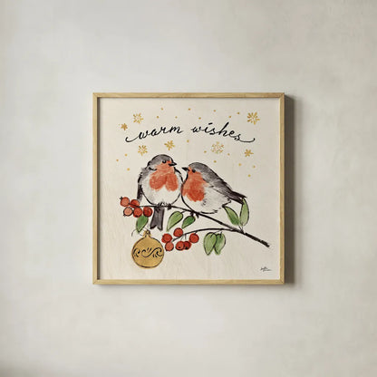 Christmas Lovebirds II by Janelle Penner. Shown in a natural wood glass frame for a timeless modern aesthetic. Available as an archival giclee rolled canvas, fine art paper, or poster print. SKU 46748a.