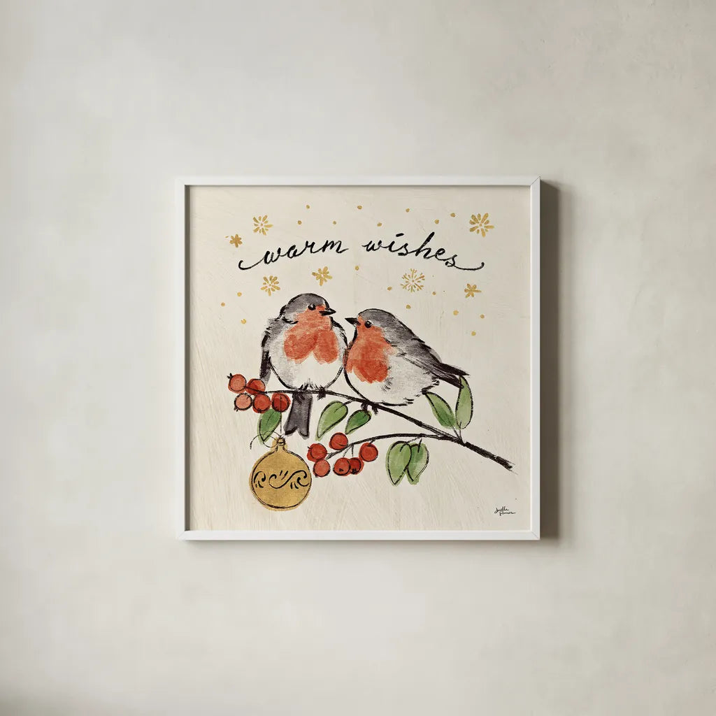 Christmas Lovebirds II by Janelle Penner. Shown in a crisp white glass frame for a clean and minimalist style. Available as an archival giclee rolled canvas, fine art paper, or poster print. SKU 46748a.