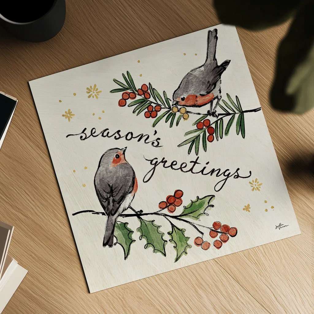 Christmas Lovebirds III by Janelle Penner. Shown as a detailed flat fine art print, highlighting archival giclee quality. Available as an archival giclee rolled canvas, fine art paper, or poster print. SKU 46749a.