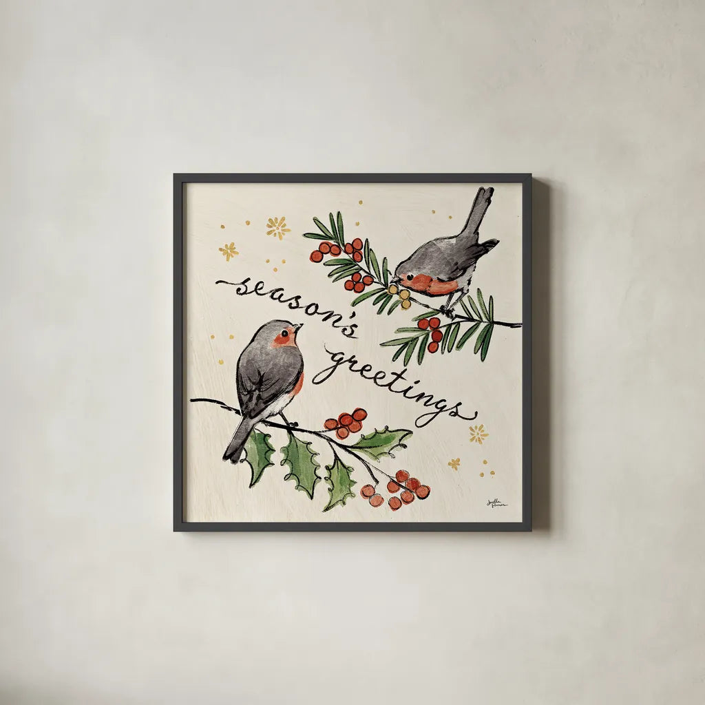 Christmas Lovebirds III by Janelle Penner. Shown in a sleek black glass frame for a contemporary gallery look. Available as an archival giclee rolled canvas, fine art paper, or poster print. SKU 46749a.