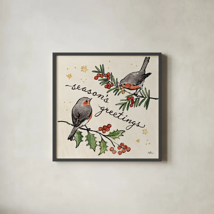 Christmas Lovebirds III by Janelle Penner. Shown in a sleek black glass frame for a contemporary gallery look. Available as an archival giclee rolled canvas, fine art paper, or poster print. SKU 46749a.