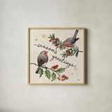 Christmas Lovebirds III by Janelle Penner. Shown in a natural wood glass frame for a timeless modern aesthetic. Available as an archival giclee rolled canvas, fine art paper, or poster print. SKU 46749a.