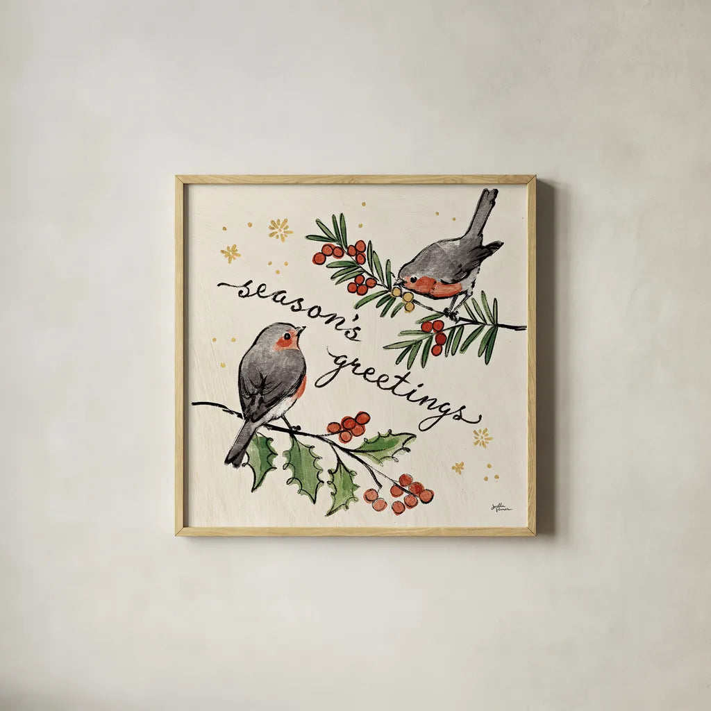 Christmas Lovebirds III by Janelle Penner. Shown in a natural wood glass frame for a timeless modern aesthetic. Available as an archival giclee rolled canvas, fine art paper, or poster print. SKU 46749a.