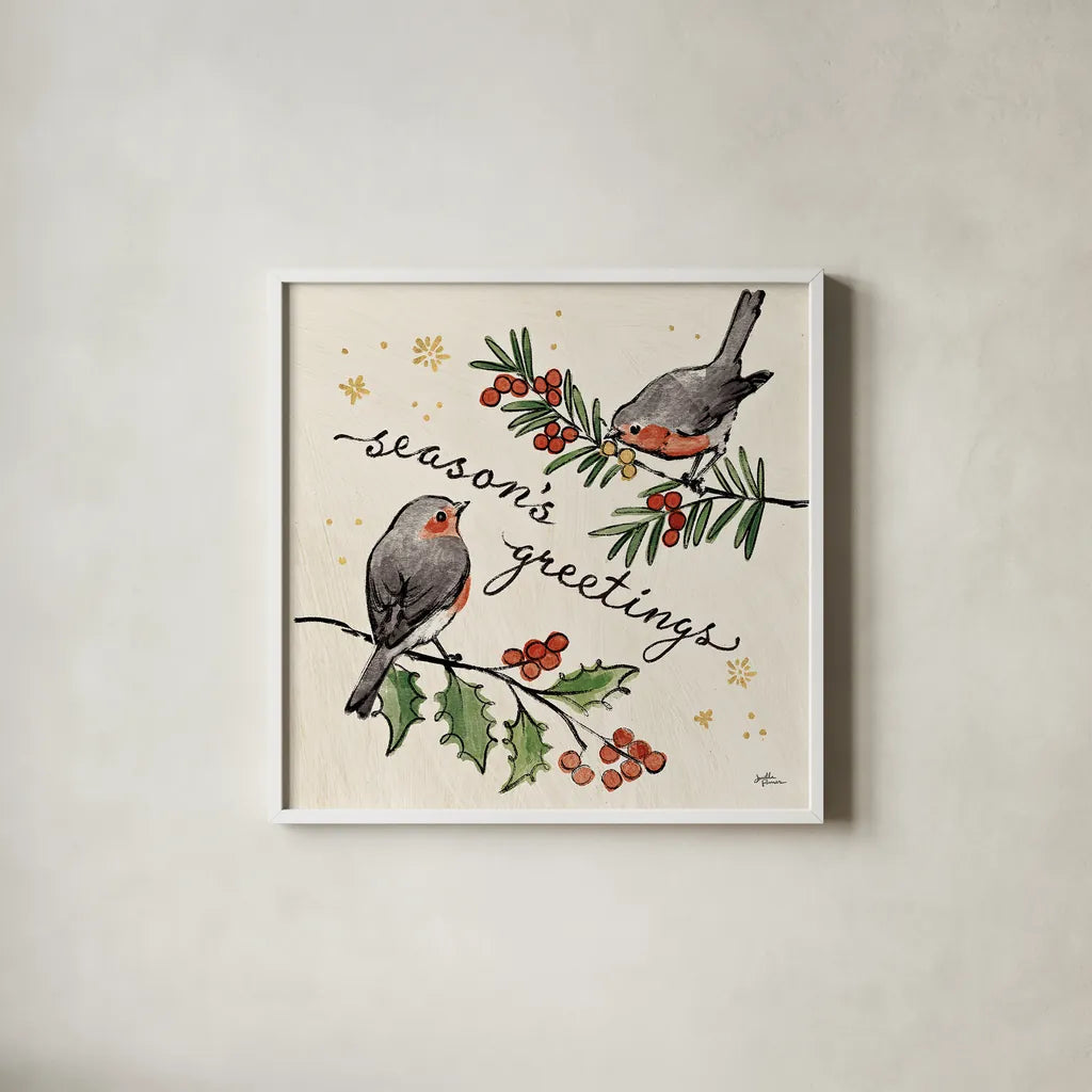 Christmas Lovebirds III by Janelle Penner. Shown in a crisp white glass frame for a clean and minimalist style. Available as an archival giclee rolled canvas, fine art paper, or poster print. SKU 46749a.