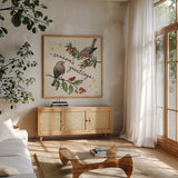 Christmas Lovebirds III by Janelle Penner. Shown in a natural wood frame in a cozy modern living room. Available as an archival giclee rolled canvas, fine art paper, or poster print. SKU 46749a.
