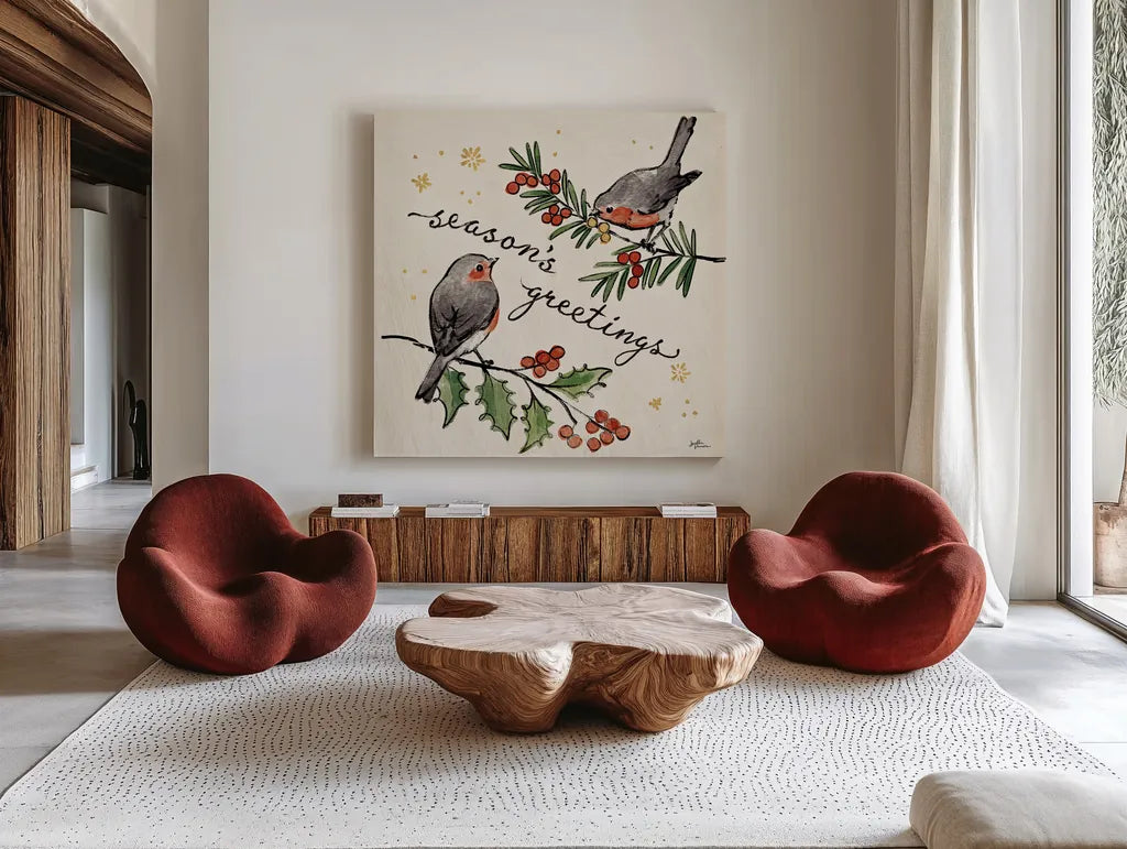 Christmas Lovebirds III by Janelle Penner. Shown as extra-large giant wall art in a modern living room. Available as an archival giclee rolled canvas, fine art paper, or poster print. SKU 46749a.