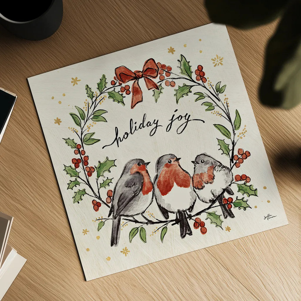 Christmas Lovebirds IV by Janelle Penner. Shown as a detailed flat fine art print, highlighting archival giclee quality. Available as an archival giclee rolled canvas, fine art paper, or poster print. SKU 46750a.