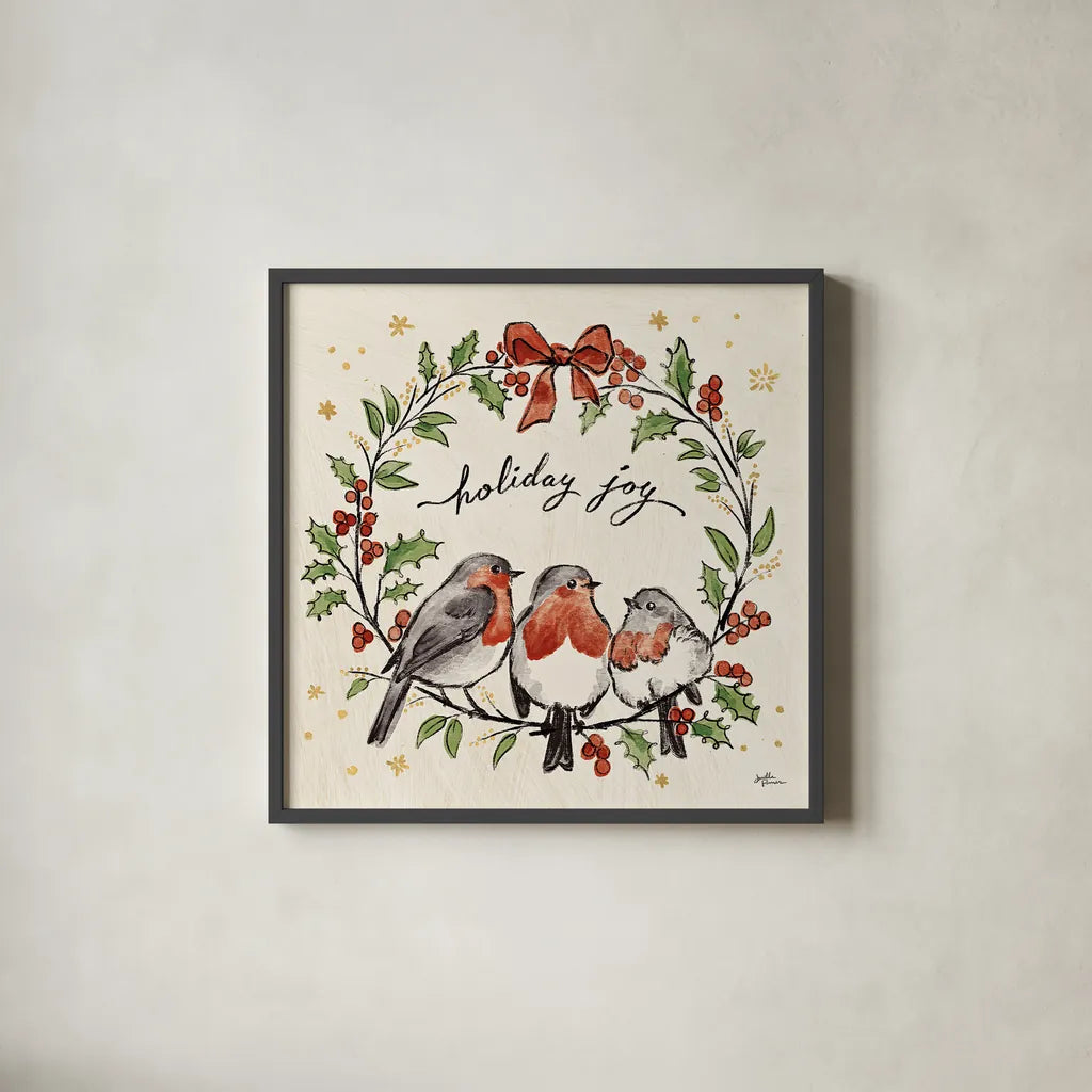 Christmas Lovebirds IV by Janelle Penner. Shown in a sleek black glass frame for a contemporary gallery look. Available as an archival giclee rolled canvas, fine art paper, or poster print. SKU 46750a.