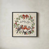 Christmas Lovebirds IV by Janelle Penner. Shown in a sleek black glass frame for a contemporary gallery look. Available as an archival giclee rolled canvas, fine art paper, or poster print. SKU 46750a.