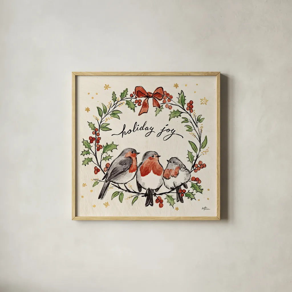 Christmas Lovebirds IV by Janelle Penner. Shown in a natural wood glass frame for a timeless modern aesthetic. Available as an archival giclee rolled canvas, fine art paper, or poster print. SKU 46750a.