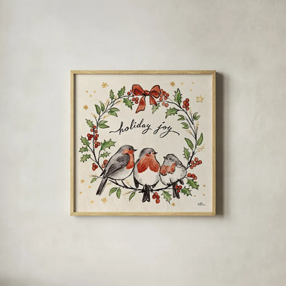 Christmas Lovebirds IV by Janelle Penner. Shown in a natural wood glass frame for a timeless modern aesthetic. Available as an archival giclee rolled canvas, fine art paper, or poster print. SKU 46750a.
