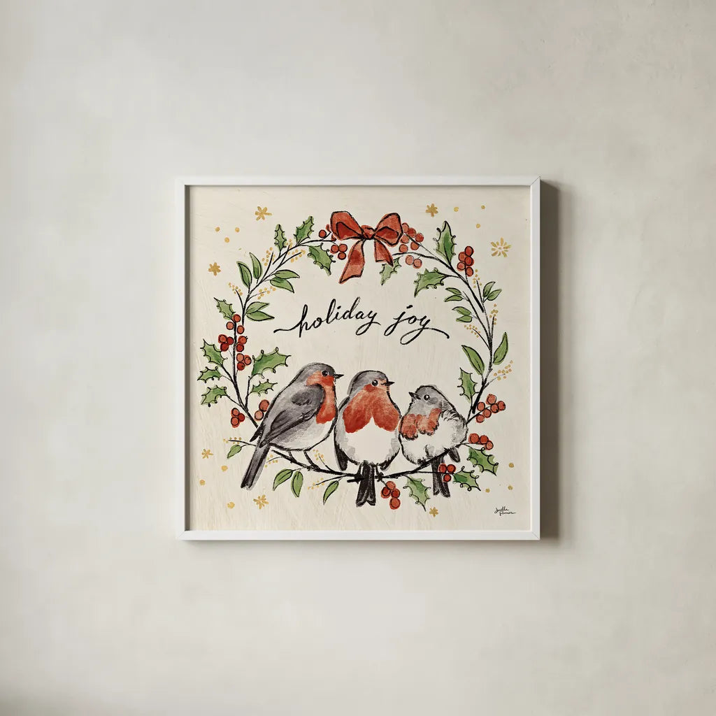 Christmas Lovebirds IV by Janelle Penner. Shown in a crisp white glass frame for a clean and minimalist style. Available as an archival giclee rolled canvas, fine art paper, or poster print. SKU 46750a.