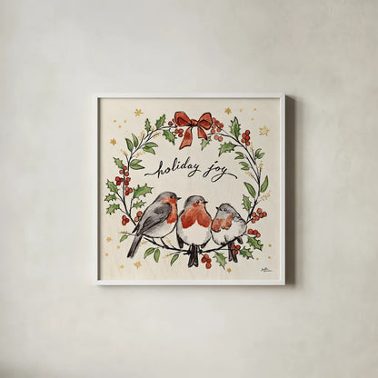 Christmas Lovebirds IV by Janelle Penner. Shown in a crisp white glass frame for a clean and minimalist style. Available as an archival giclee rolled canvas, fine art paper, or poster print. SKU 46750a.