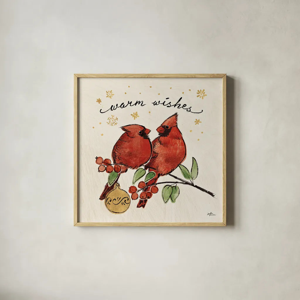 Christmas Lovebirds IX by Janelle Penner. Shown in a natural wood glass frame for a timeless modern aesthetic. Available as an archival giclee rolled canvas, fine art paper, or poster print. SKU 46755a.