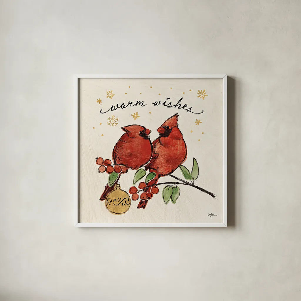Christmas Lovebirds IX by Janelle Penner. Shown in a crisp white glass frame for a clean and minimalist style. Available as an archival giclee rolled canvas, fine art paper, or poster print. SKU 46755a.