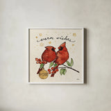 Christmas Lovebirds IX by Janelle Penner. Shown in a crisp white glass frame for a clean and minimalist style. Available as an archival giclee rolled canvas, fine art paper, or poster print. SKU 46755a.