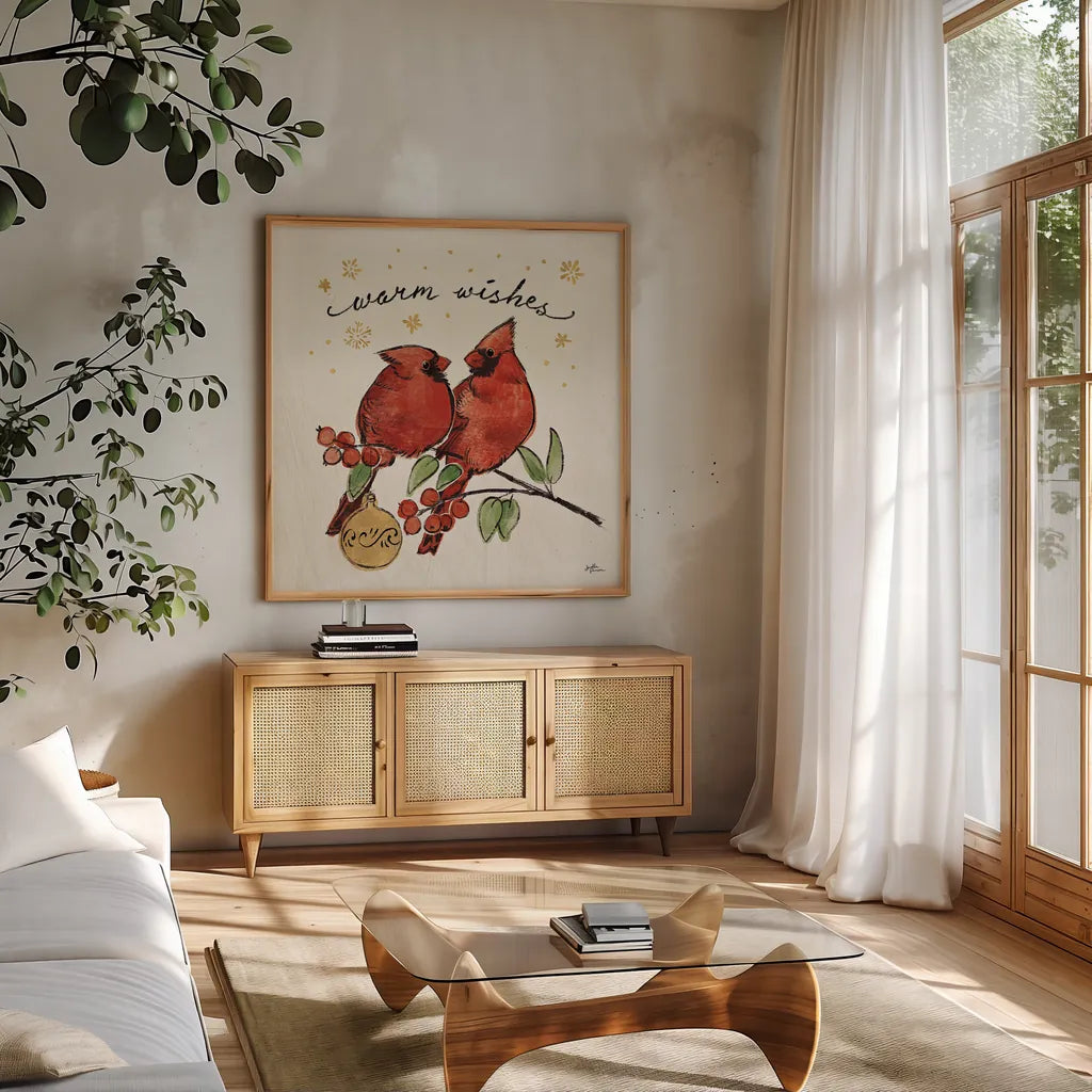 Christmas Lovebirds IX by Janelle Penner. Shown in a natural wood frame in a cozy modern living room. Available as an archival giclee rolled canvas, fine art paper, or poster print. SKU 46755a.