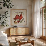 Christmas Lovebirds IX by Janelle Penner. Shown in a natural wood frame in a cozy modern living room. Available as an archival giclee rolled canvas, fine art paper, or poster print. SKU 46755a.