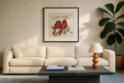 Christmas Lovebirds IX by Janelle Penner. Displayed in a glass frame with matte in a clean modern living room. Available as an archival giclee rolled canvas, fine art paper, or poster print. SKU 46755a.